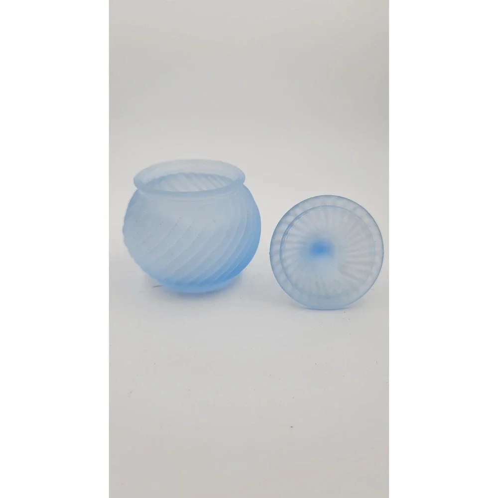 Vintage Blue Party Lite Frosted Glass Trinket Box, Vanity Container w/ Tulip Lid